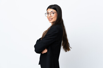 Business woman over isolated white background laughing