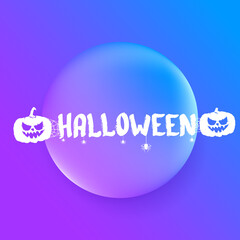 Happy Halloween Banner, greeting card or background with Vector white Halloween label with scary pumpkin isolated on purple abstract background.