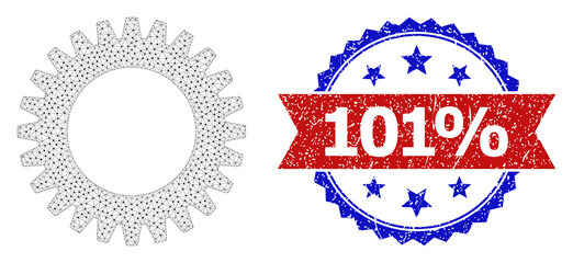 101% unclean stamp seal, and cogwheel icon mesh model. Red and blue bicolor stamp contains 101% text inside ribbon and rosette. Abstract flat mesh cogwheel, built from flat mesh.