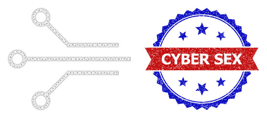 Cyber Sex unclean seal imitation, and circuit contacts icon mesh structure. Red and blue bicolor seal includes Cyber Sex tag inside ribbon and rosette. Abstract flat mesh circuit contacts,