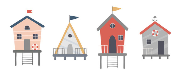 A set of cute beach houses. Vector illustration