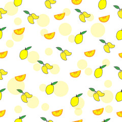 yellow fruits, manggo, orange and lemon fruits illustration on white background. fresh fruit. seamless pattern, hand drawn vector. doodle art for wallpaper, wrapping paper, backdrop, fabric, textile. 