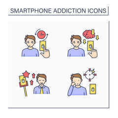 Smartphone addiction color icons set. Virtual world. Encouraging self absorption, diminishing ability to concentrate. Overwhelmed concept. Isolated vector illustrations