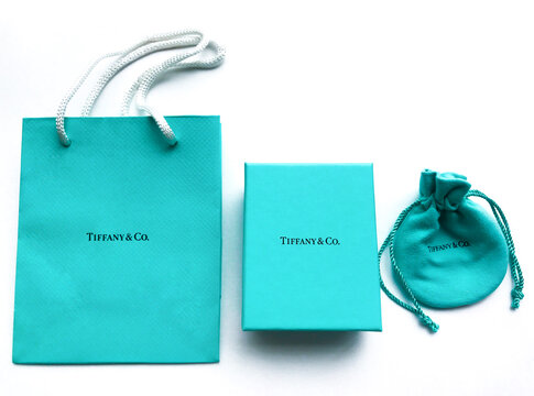 Moscow, Russia, August 2019: Signature Tiffany and Co. A variety of branded packaging jewelry brand Tiffany and Co. on white background