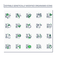 Fototapeta premium Genetically modified organism line icons set. Genetic engineering.Editing gene.DNA intervention.Microbiology. GMOs impact. Isolated vector illustrations.Editable stroke