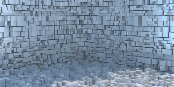 Abstract greeble cube background. Futuristic geometric structure blue color. 3d illustration