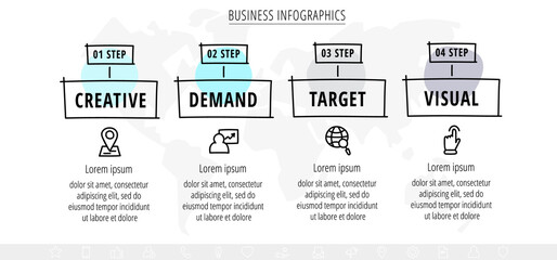 Vector hand-drawn sketch infographics with four icons. Business visualization with 4 steps and squares for diagram, banner, presentations, web, content, levels, chart, graphic