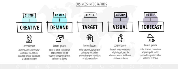 Vector hand-drawn sketch infographics with five icons. Business visualization with 5 steps and squares for diagram, flowchart, banner, presentations, web, content, levels, chart, graphic