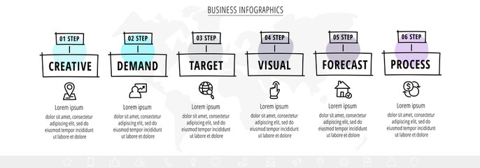 Vector hand-drawn sketch infographics with six icons. Business visualization with 6 steps and squares for diagram, flowchart, banner, presentations, web, content, levels, chart, graphic