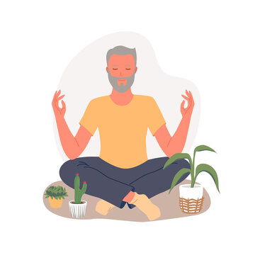 Old people training yoga to concentrate on healing aura, practice zen asana vector illustration. Cartoon senior man character sitting in calm lotus position, mental health therapy isolated on white