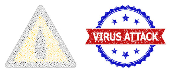 Virus Attack grunge stamp, and beer bottle warning icon mesh structure. Red and blue bicolored stamp has Virus Attack title inside ribbon and rosette. Abstract 2d mesh beer bottle warning,