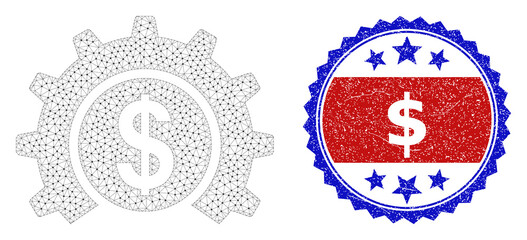 $ unclean stamp seal, and bank industry icon network model. Red and blue bicolor stamp has $ text inside ribbon and rosette. Abstract flat mesh bank industry, designed with flat mesh.