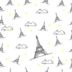 eiffel tower with cloud and stars illustration on white background. famous building. france icon. seamless pattern, hand drawn vector. doodle art for wallpaper, wrapping paper, gift paper, backdrop. 