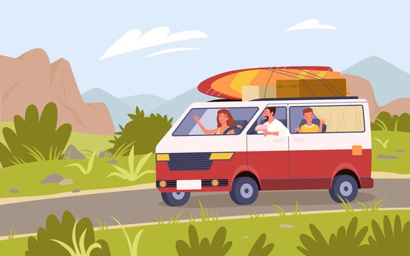 Family travel by car bus camper van, summer vacation trip adventure vector illustration. Cartoon tourist mother father and son kid characters traveling on road in mountain nature landscape background