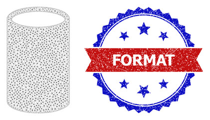 Format rubber stamp seal, and cylinder icon polygonal model. Red and blue bicolor stamp contains Format tag inside ribbon and rosette. Abstract flat mesh cylinder, built from flat mesh.