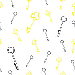key illustration on white background. black and gold outline. antique shape. seamless pattern, hand drawn vector. house key icon. doodle art for wallpaper, wrapping paper and gift, backdrop, textile. 