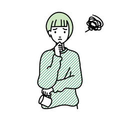 立って手をあごにあてて困っているリモートワークの女性