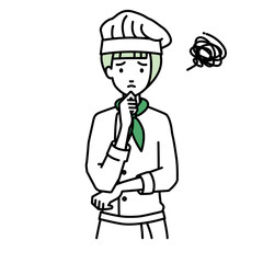 Fototapeta premium 立って手をあごにあてて困っている調理師の女性