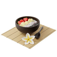 3D bowl of berry smoothie with strawberry, banana, coconut and chia seeds on a bamboo mat, next to a Plumeria flower and a spoon, isometric view on a white background, 3d rendering