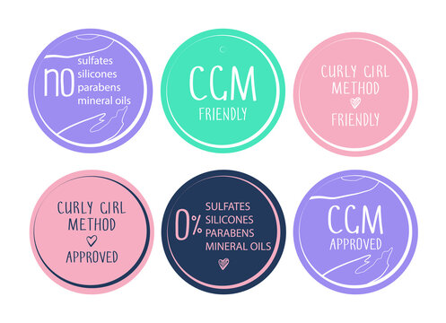 Curly girl method (CGM) approved product symbol set. No sulfates, silicones, parabens, mineral oils. Round icon collection for hair products.