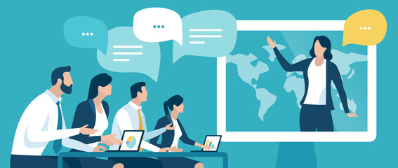 Teleconferencing. Network communication. The team works over a network. Business vector illustration.