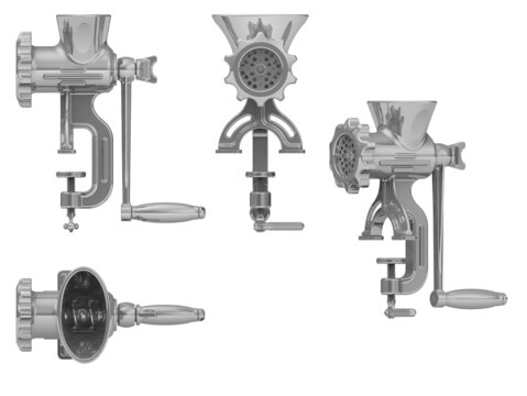 Manual meat grinder. The old manual meat grinder isolated on white background. 3D illustration