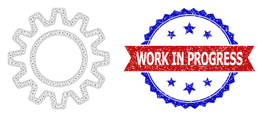 Work in Progress rubber stamp seal, and contour gear icon mesh structure. Red and blue bicolor stamp seal has Work in Progress title inside ribbon and rosette. Abstract flat mesh contour gear,
