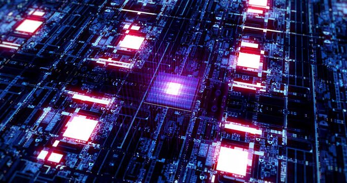Circuit Board Pattern Close Up. CPU Data Processing. Artificial Intelligence. Technology Related 4K Background Motion Graphics