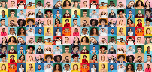 Collage of faces of surprised multiethnic people isolated on multicolored backgrounds. Happy men,...