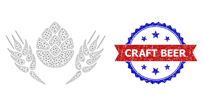 Craft Beer corroded seal print, and barley beer icon triangular structure. Red and blue bicolor stamp seal contains Craft Beer title inside ribbon and rosette. Abstract flat mesh barley beer,