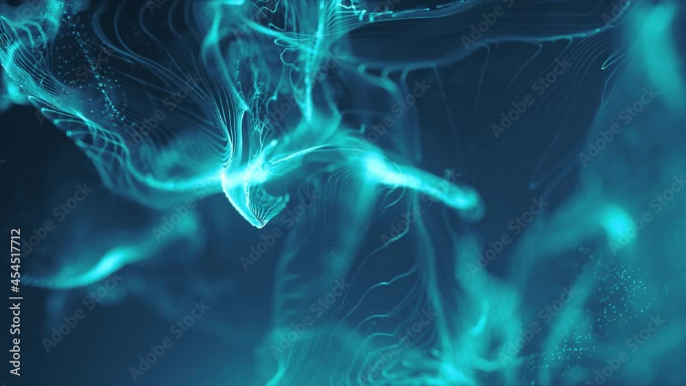 Poster abstract fluid particles graphic intro background/ 4k animation of an abstract fluid particles backg