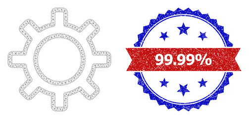 99.99% corroded seal, and contour gear icon polygonal model. Red and blue bicolor stamp seal has 99.99% tag inside ribbon and rosette. Abstract flat mesh contour gear, created from flat mesh.