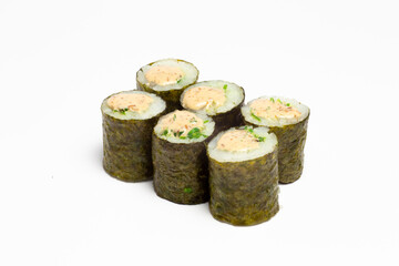 Traditional japanese nigiri sushi, separated on white background, side view