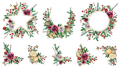 Christmas wreath set.  watercolor winter decorative wreath isolated on white