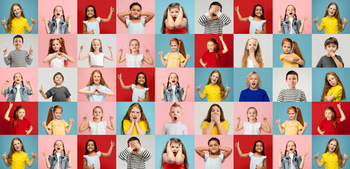 Collage of faces of surprised, shocked children, kids, pupils isolated on multicolored backgrounds....
