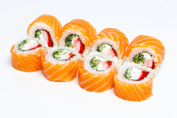 Traditional japanese nigiri sushi, separated on white background, side view