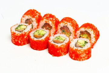 Traditional japanese nigiri sushi, separated on white background, side view
