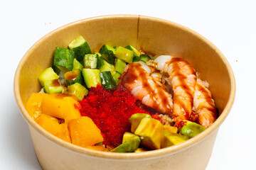 Poke bowl with raw salmon, rice and vegetables on white background