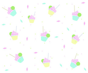 delicious pattern in pastel colors with cupcakes