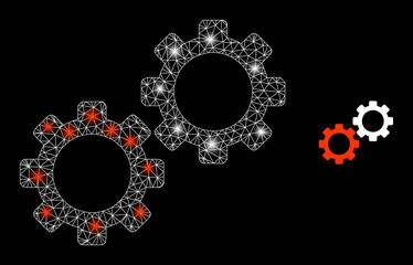 Magic mesh vector gear mechanics with glare effect. White mesh, glare spots on a black background with gear mechanics icon. Mesh and glare elements are placed on different layers.