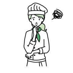 立って手をあごにあてて困っている調理師の女性