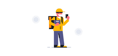 A courier wearing a medical mask accepted an order to deliver a parcel. Bag, box, delivery man, safe delivery service, coronavirus, virus, phone, app. Vector illustration.