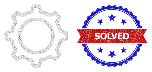 Solved scratched stamp seal, and contour gear icon polygonal structure. Red and blue bicolored stamp seal includes Solved text inside ribbon and rosette. Abstract flat mesh contour gear,