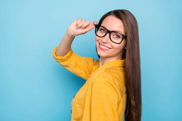 Profile side photo of young attractive pretty girl happy positive smile hand touch eyeglasses cool...