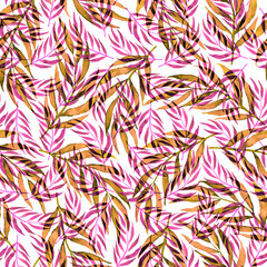 Obraz premium Watercolor seamless pattern with vintage leaves. Beautiful botanical print with colorful foliage for decorative design. Bright spring or summer background. Vintage wedding decor. Textile design. 