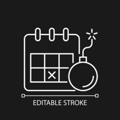 Naklejka premium Meeting deadline white linear icon for dark theme. Complete task within time frame. Thin line customizable illustration. Isolated vector contour symbol for night mode. Editable stroke