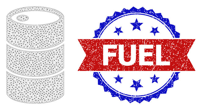 Fuel rubber seal, and barrel icon mesh model. Red and blue bicolor stamp seal includes Fuel caption inside ribbon and rosette. Abstract 2d mesh barrel, created from flat mesh.