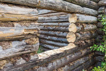 An unfinished log house stands on the edge of the village. Rustic architecture and lifestyle.