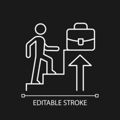 Promotion white linear icon for dark theme. Career raise. Employee performance. Worker advancement. Thin line customizable illustration. Isolated vector contour symbol for night mode. Editable stroke