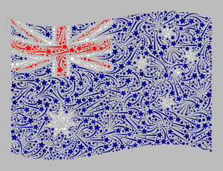 Mosaic waving Australia flag designed with petard star icons. Vector festival mosaic waving Australia flag done for decoration illustrations.